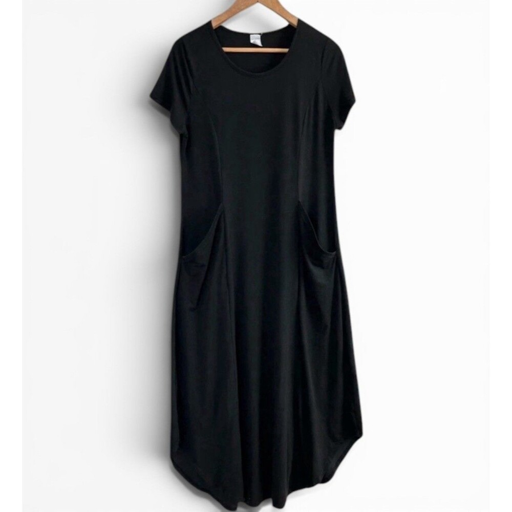 Boho Black Dress for Women L, Short Sleeve with Pockets, Casual Summer Style